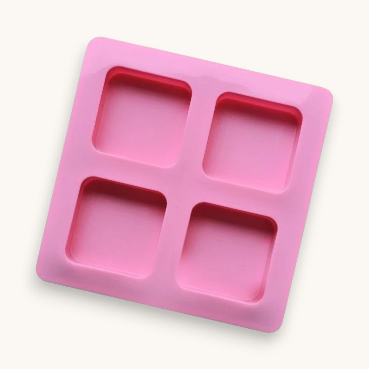 4 cavity square silicone mould with rounded corners for soap making, lotion bars, shampoo bars and resin crafts.