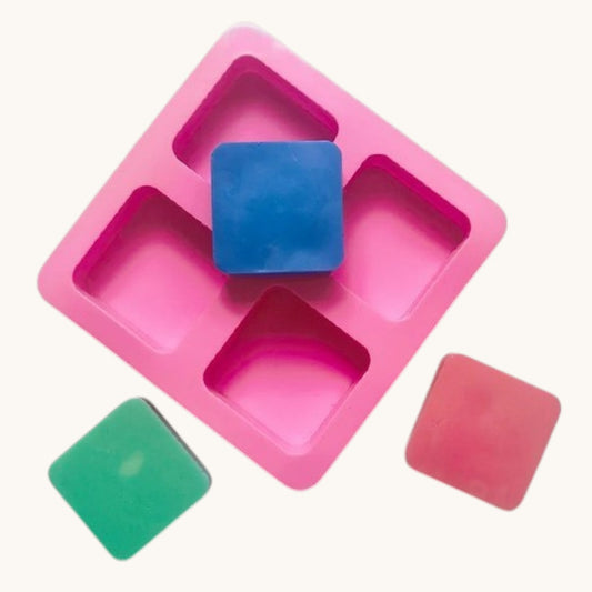 4 cavity square silicone mould with rounded corners for soap making, lotion bars, shampoo bars and resin crafts.