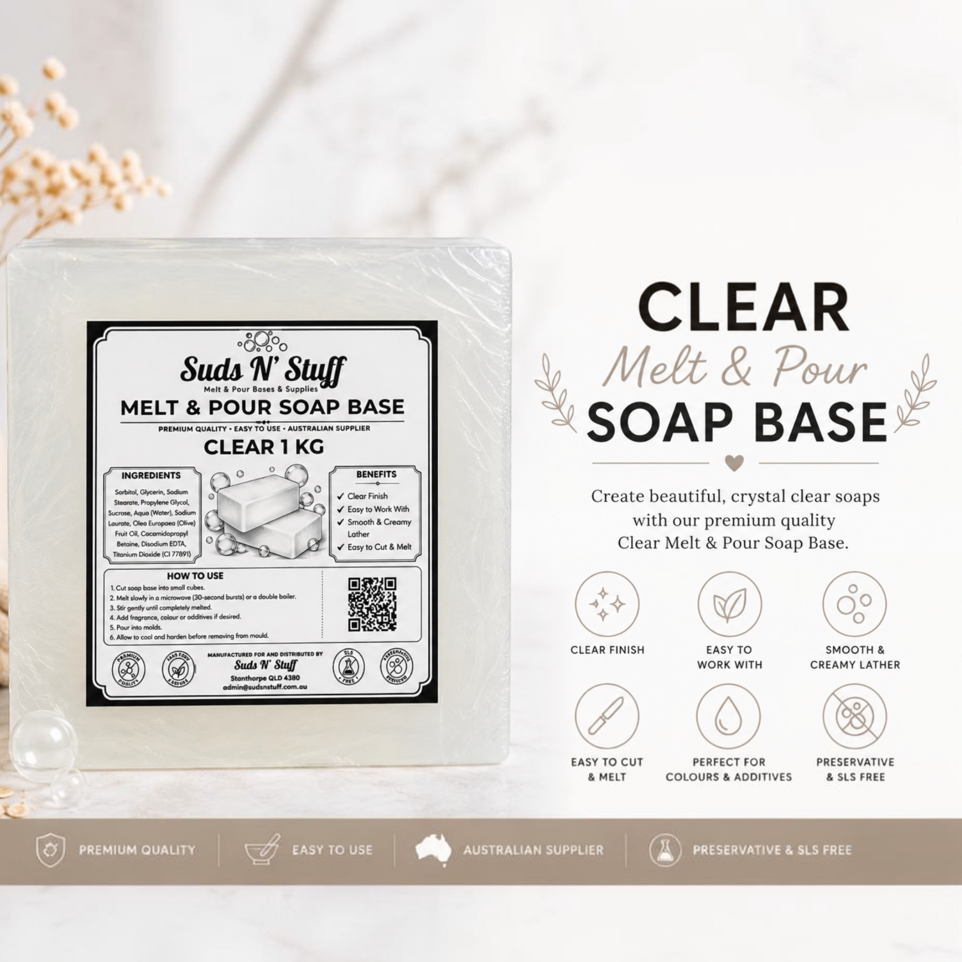 Suds N’ Stuff Clear Melt and Pour Soap Base 1kg for soap making