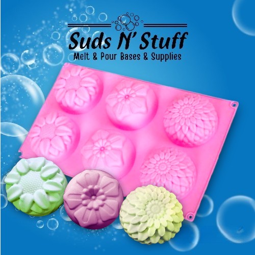 Floral silicone soap mould with 6 cavities and flower designs for melt and pour soap making