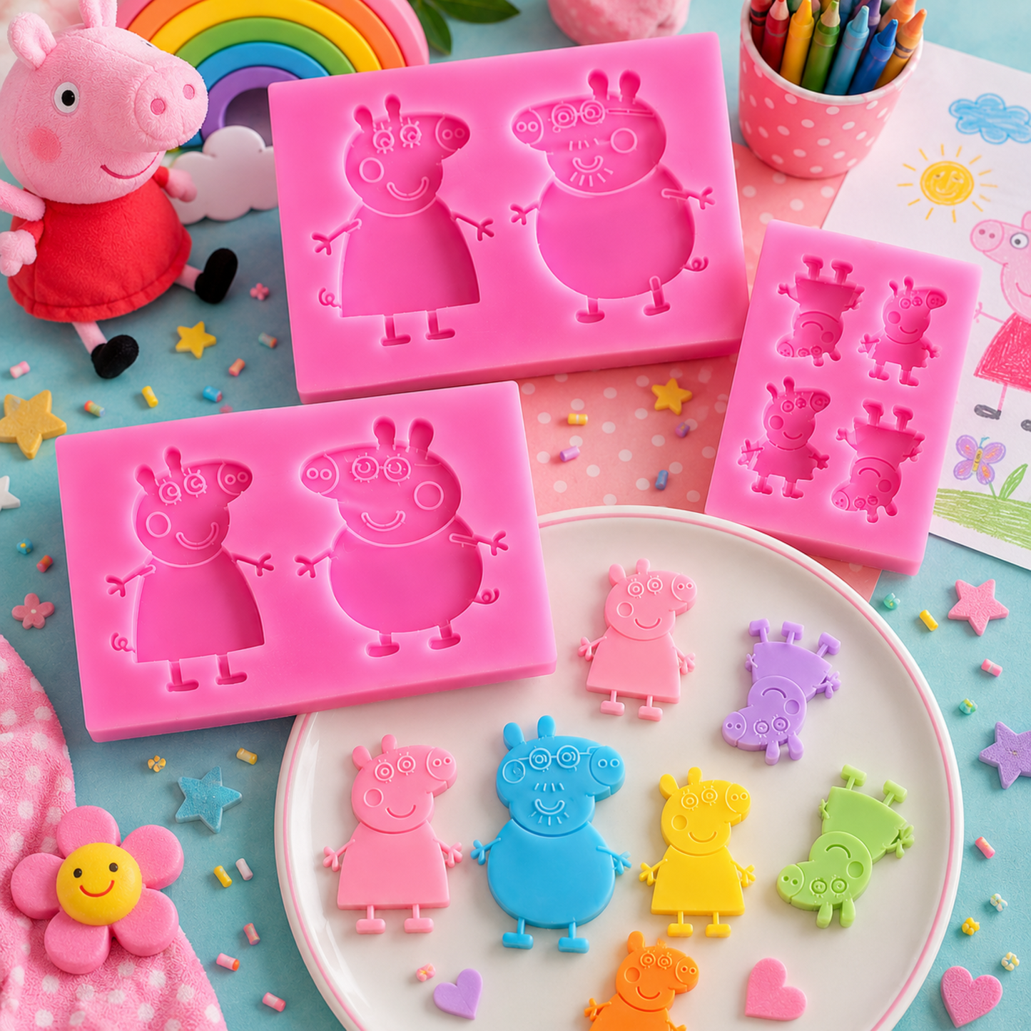 Peppa Pig silicone soap moulds with thin pastel pig-shaped soaps in pink, blue, purple, yellow and green, styled with playful kids’ craft decorations