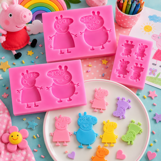 Peppa Pig silicone soap moulds with thin pastel pig-shaped soaps in pink, blue, purple, yellow and green, styled with playful kids’ craft decorations