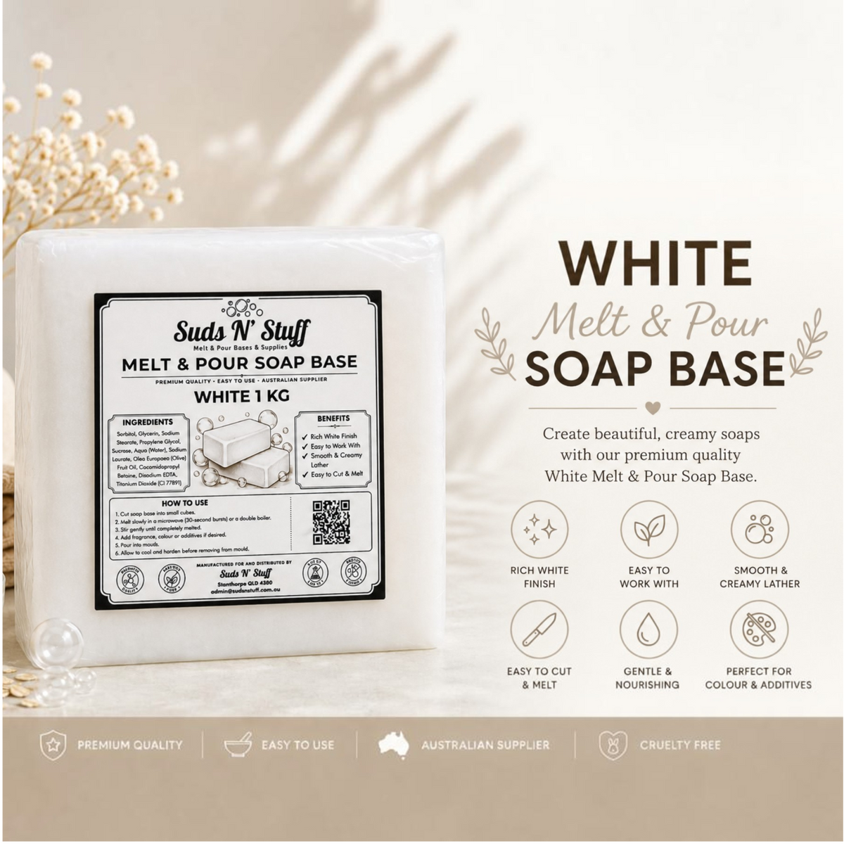White Melt and Pour Soap Base 1kg by Suds N’ Stuff
