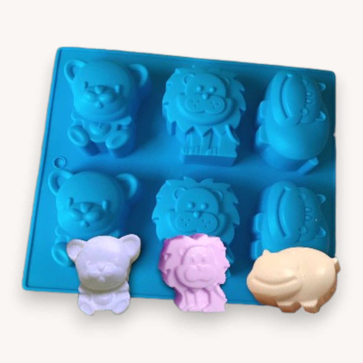 Zoo animal silicone soap mould with lion, hippo and bear cavities for melt and pour soap making