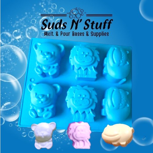 Zoo animal silicone soap mould with lion, hippo and bear cavities for melt and pour soap making